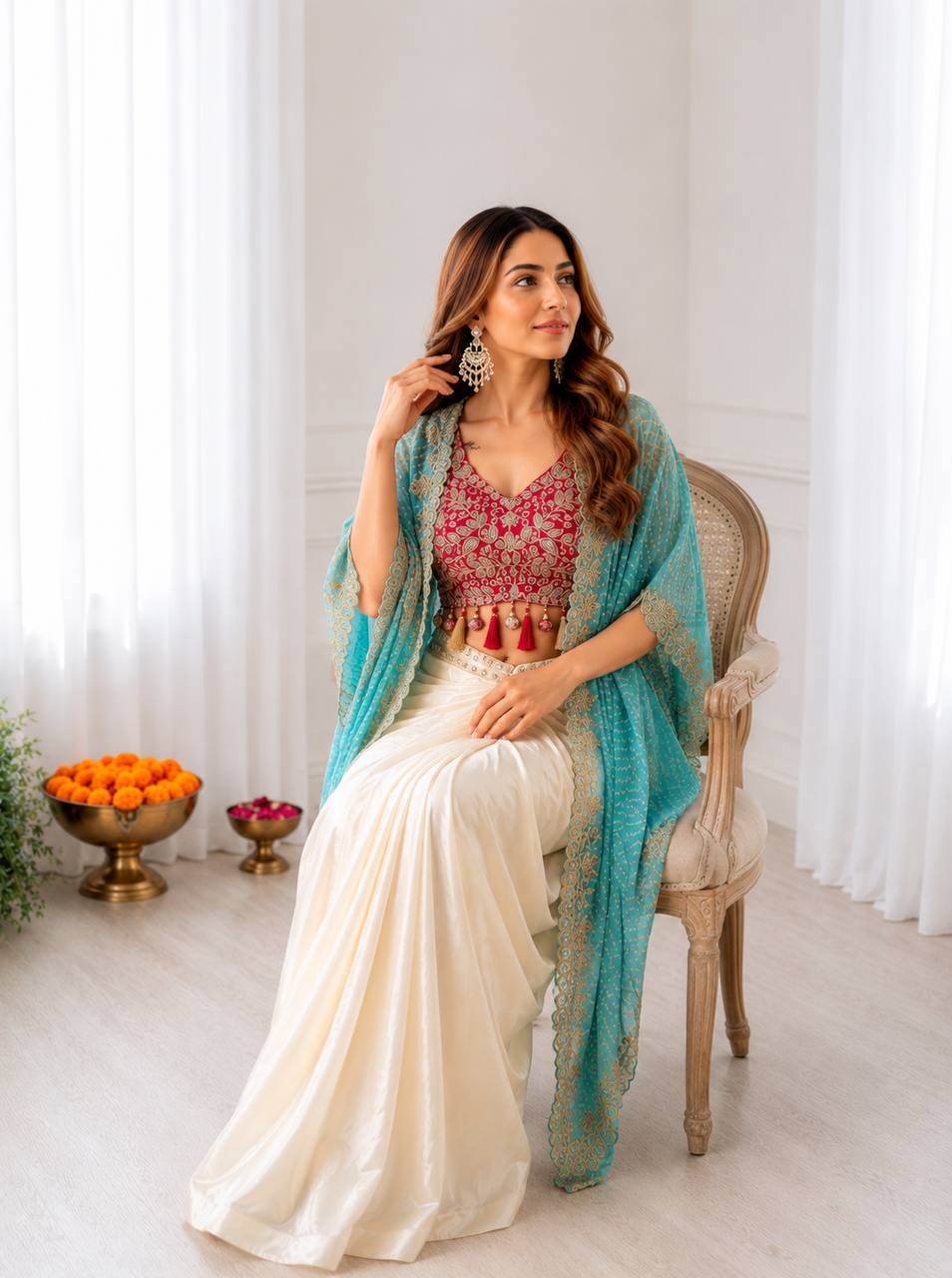 Ivory Dhoti Saree Set for Women with Embroidered Blouse & Pink Shrug – Indo Western Party Wear Outfit | Sangeet, Mehendi, Wedding & Reception Wear 2026