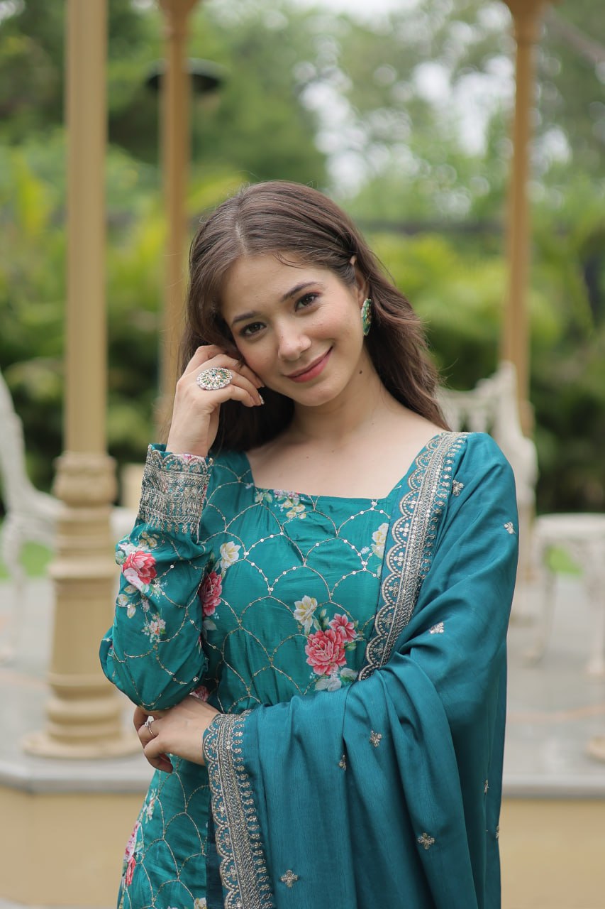 Lovely Chinon Printed Sequins Thread Worked Top Palazzo Suit - INDIAN ELEGANCE