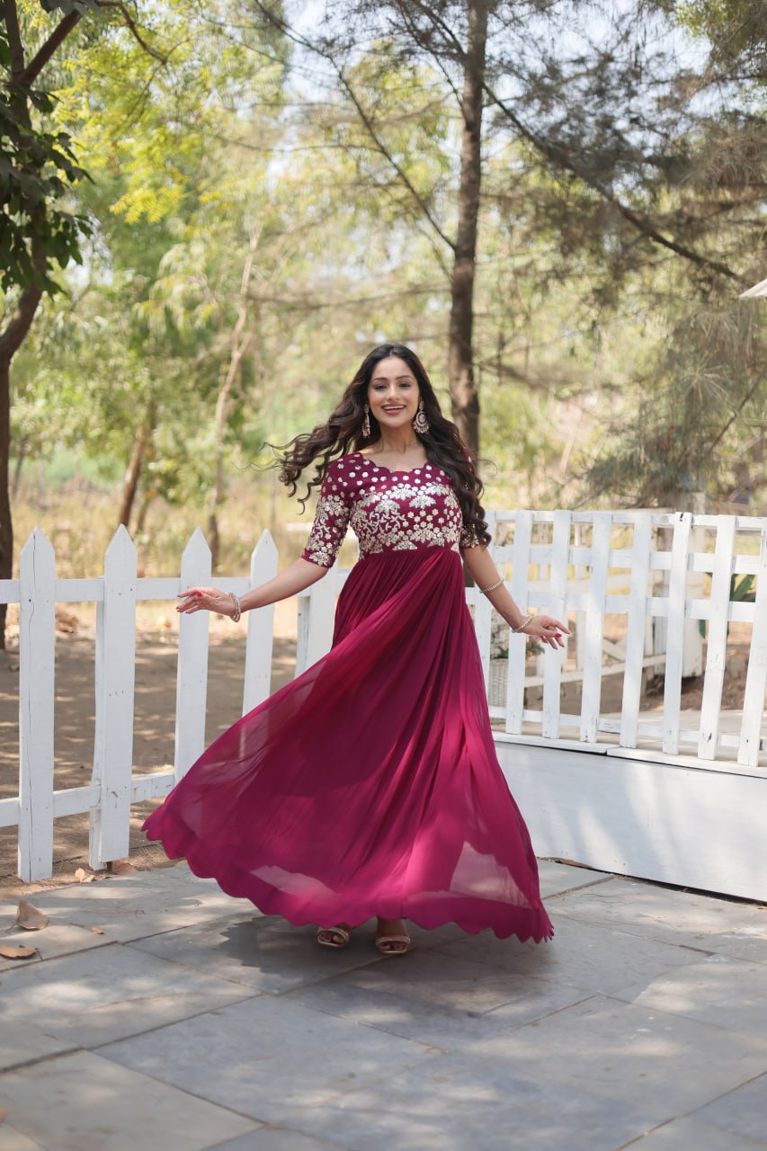 Lovely Faux Georgette Zari Sequins Worked Designer Gown - INDIAN ELEGANCE