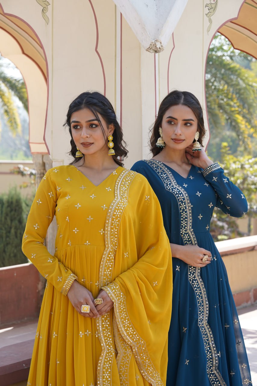 Gorgeous Faux Georgette Zari Sequins Worked Festive Wear Gown - INDIAN ELEGANCE