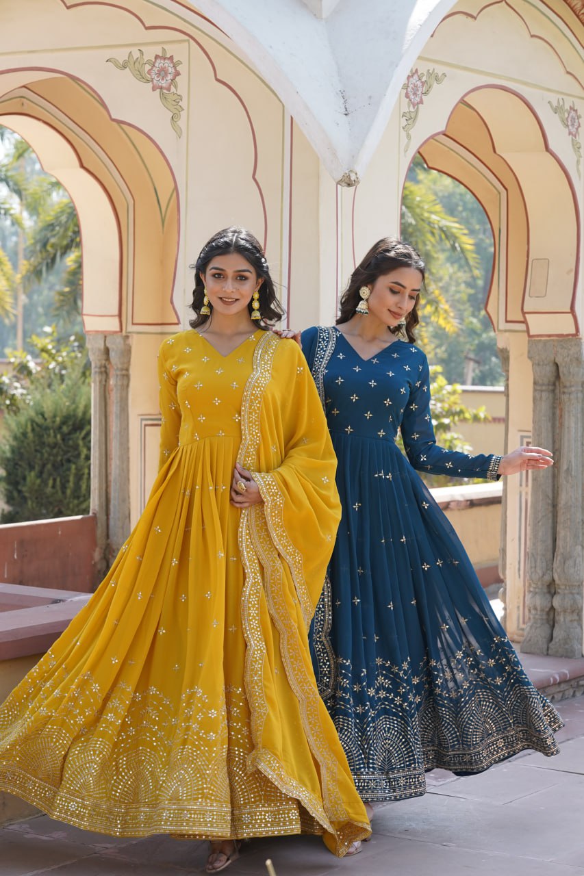 Gorgeous Faux Georgette Zari Sequins Worked Festive Wear Gown - INDIAN ELEGANCE