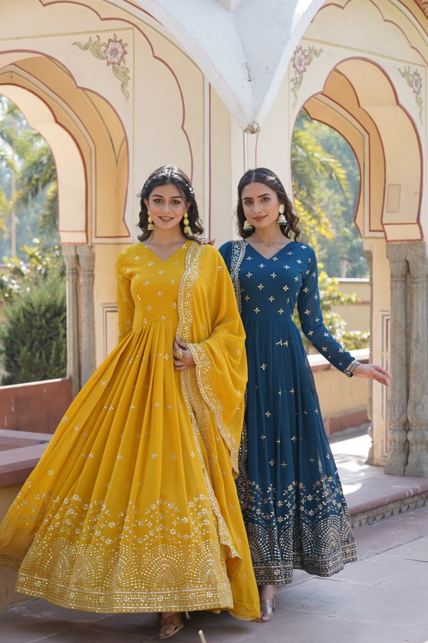 Gorgeous Faux Georgette Zari Sequins Worked Festive Wear Gown - INDIAN ELEGANCE