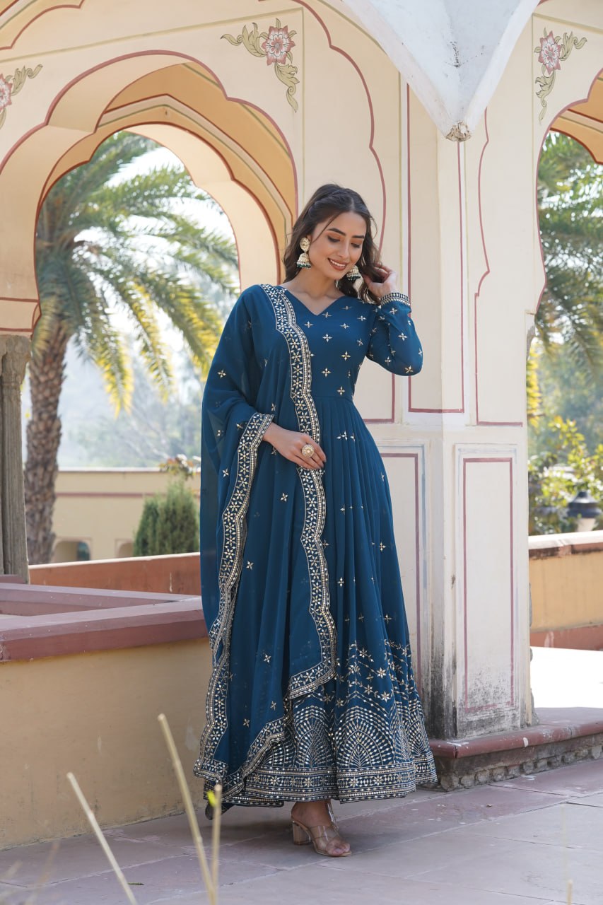 Gorgeous Faux Georgette Zari Sequins Worked Festive Wear Gown - INDIAN ELEGANCE