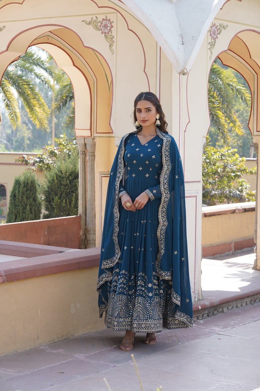 Gorgeous Faux Georgette Zari Sequins Worked Festive Wear Gown - INDIAN ELEGANCE