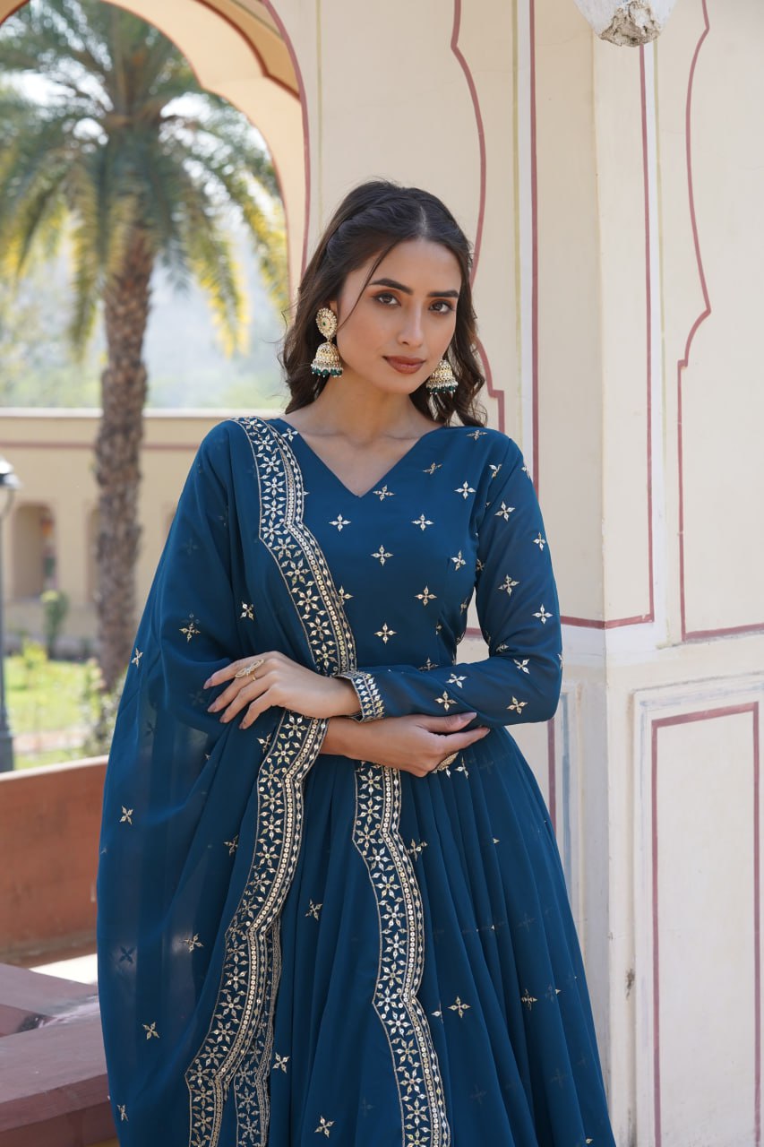 Gorgeous Faux Georgette Zari Sequins Worked Festive Wear Gown - INDIAN ELEGANCE