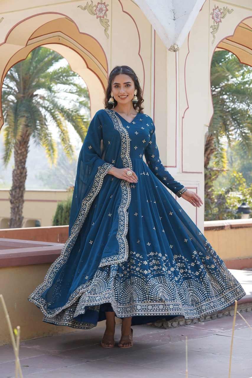 Gorgeous Faux Georgette Zari Sequins Worked Festive Wear Gown - INDIAN ELEGANCE