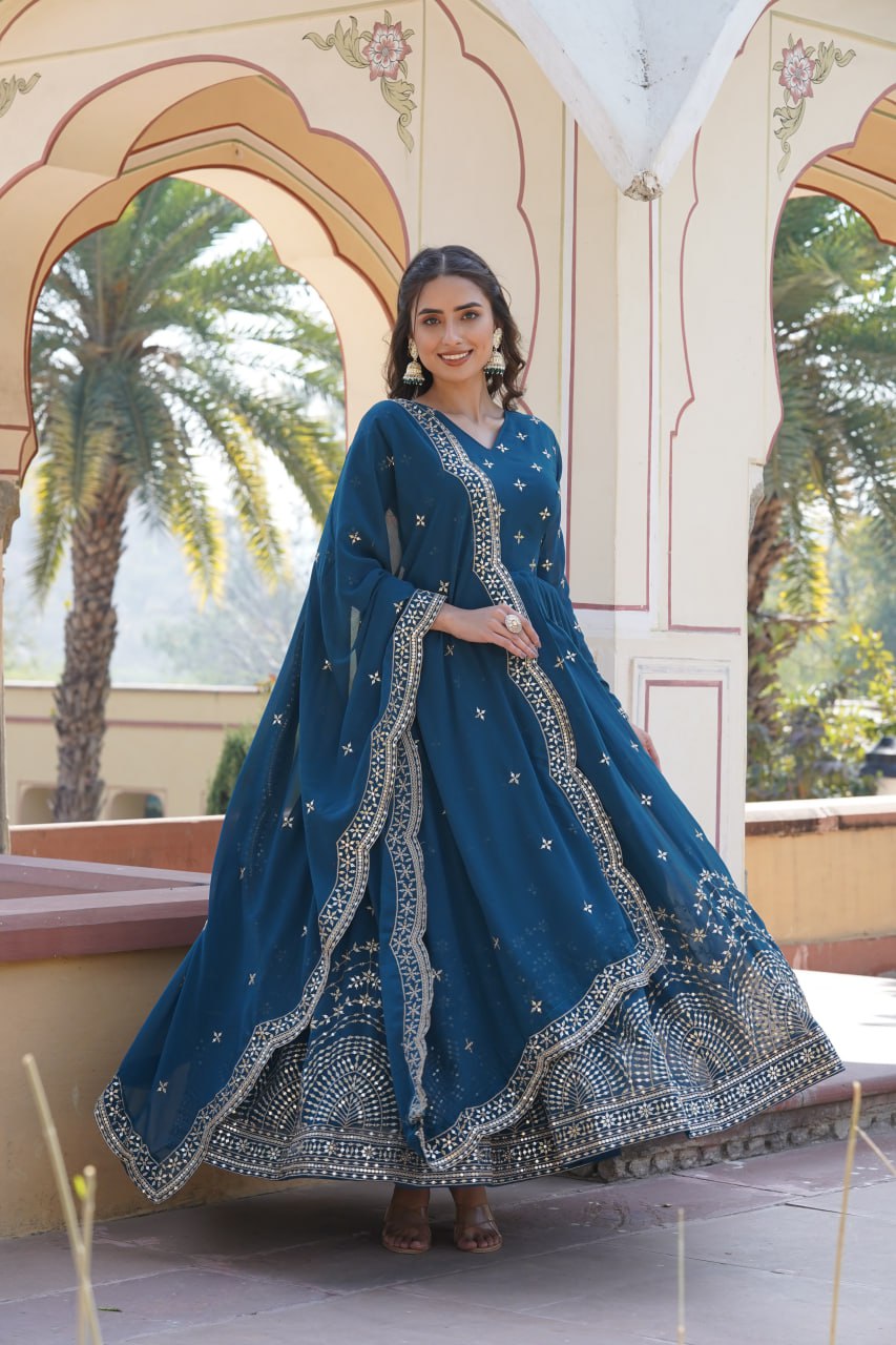 Gorgeous Faux Georgette Zari Sequins Worked Festive Wear Gown - INDIAN ELEGANCE