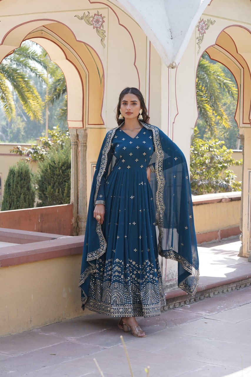 Gorgeous Faux Georgette Zari Sequins Worked Festive Wear Gown - INDIAN ELEGANCE