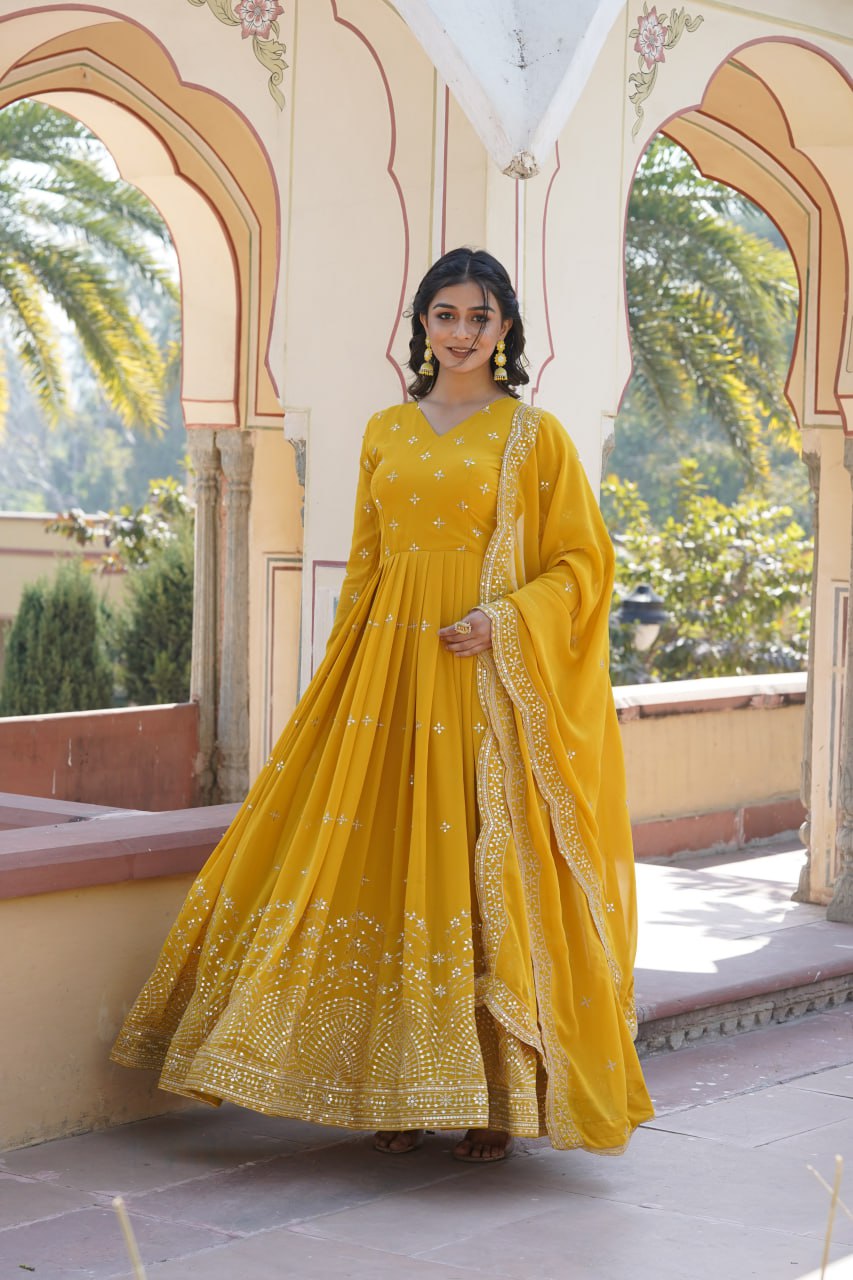 Gorgeous Faux Georgette Zari Sequins Worked Festive Wear Gown - INDIAN ELEGANCE
