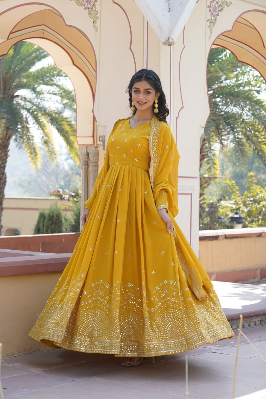 Gorgeous Faux Georgette Zari Sequins Worked Festive Wear Gown - INDIAN ELEGANCE