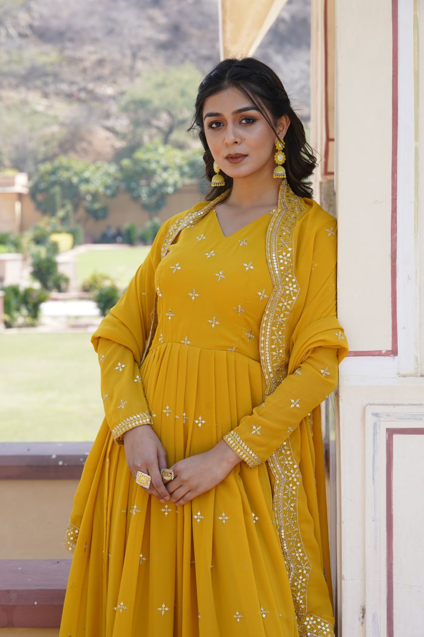 Gorgeous Faux Georgette Zari Sequins Worked Festive Wear Gown - INDIAN ELEGANCE