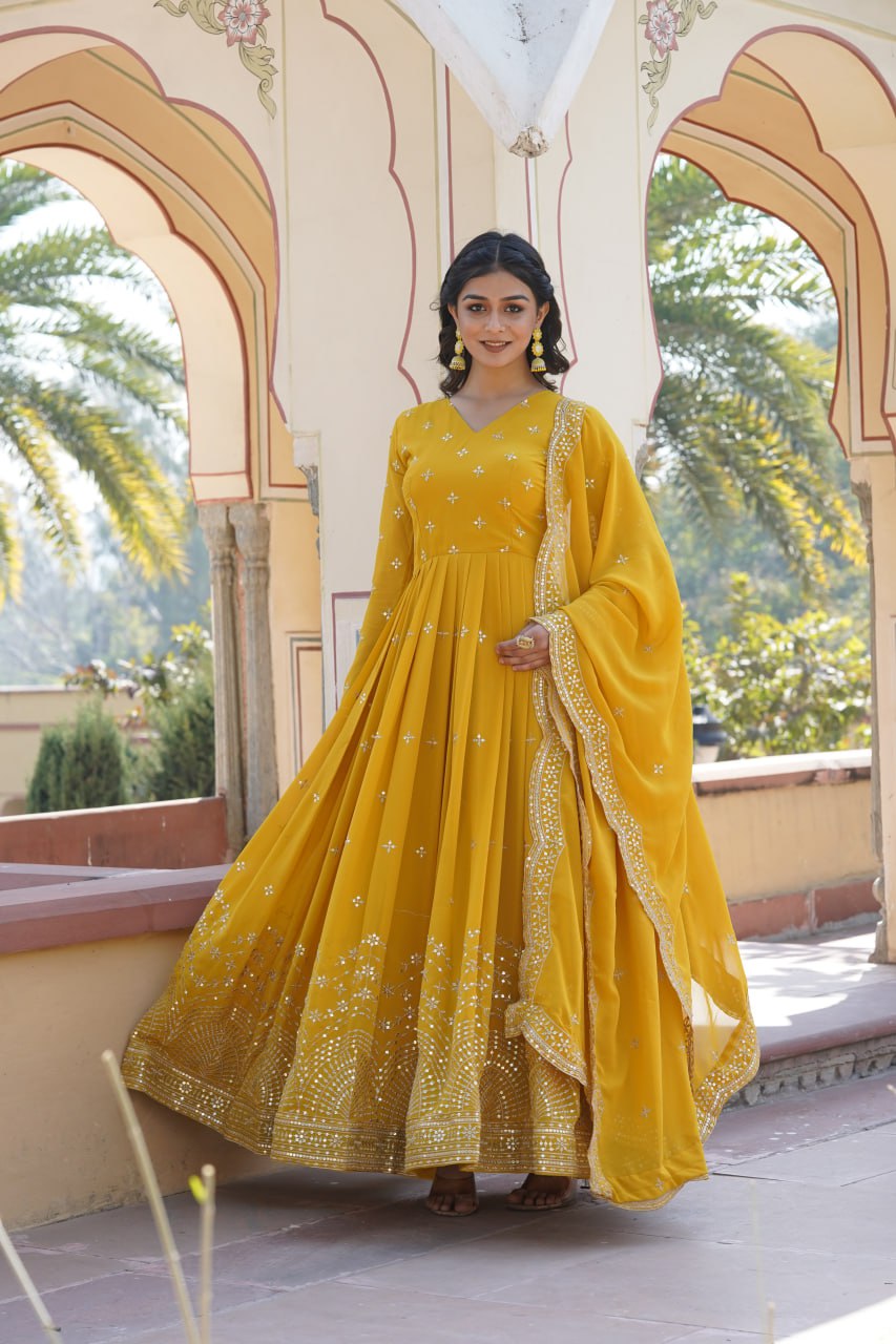Gorgeous Faux Georgette Zari Sequins Worked Festive Wear Gown - INDIAN ELEGANCE