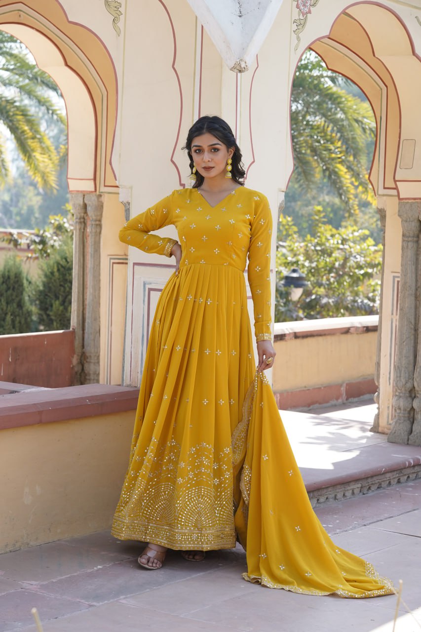 Gorgeous Faux Georgette Zari Sequins Worked Festive Wear Gown - INDIAN ELEGANCE
