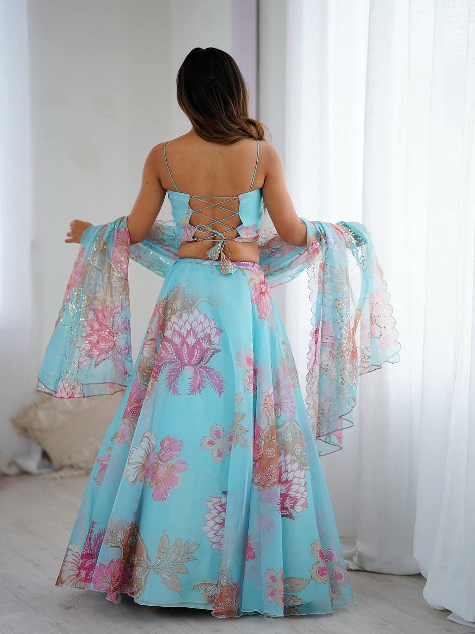 Sky Blue Fully Stitched Floral Organza Silk Lehenga Choli Set