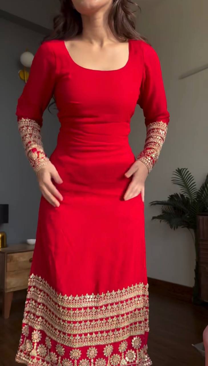 Traditional Red Faux Georgette Kurta Pant Set with Sequins Work & Bandhani Dupatta for woman | Wedding, Sangeet, Reception & Farewell