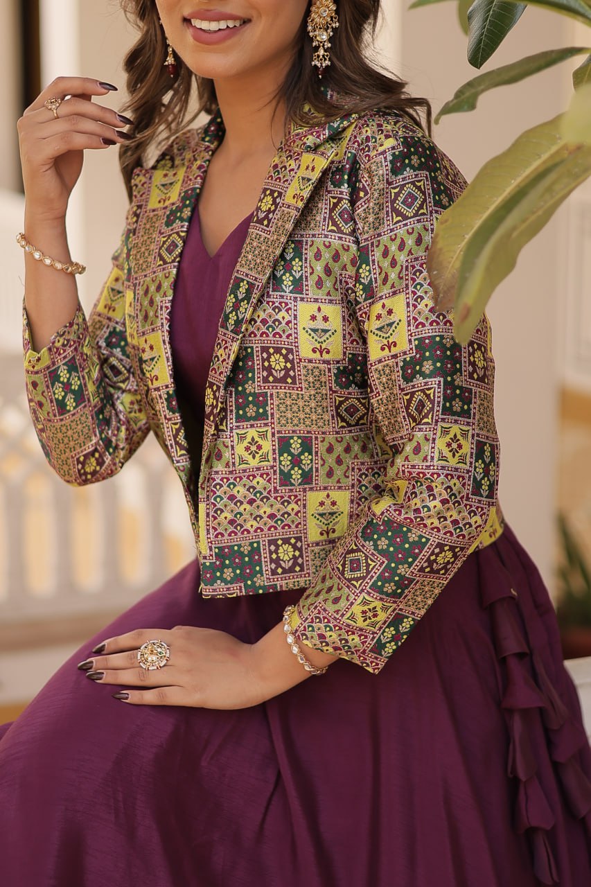 Stylish Chinon Fully Stitched Designer Lehenga Choli Koti Set - INDIAN ELEGANCE