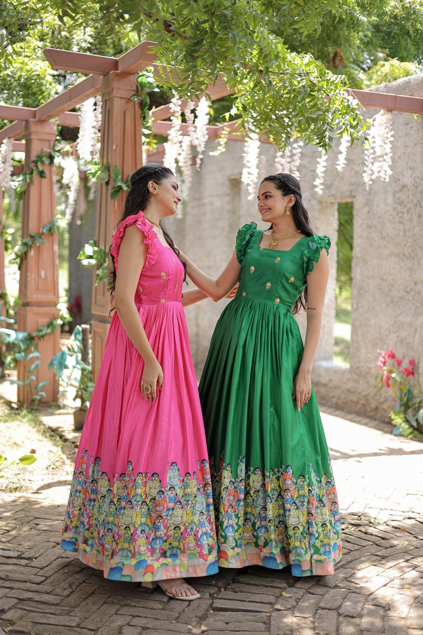 Stunning Dola Silk Designer Printed Fully Stitched Gown - INDIAN ELEGANCE
