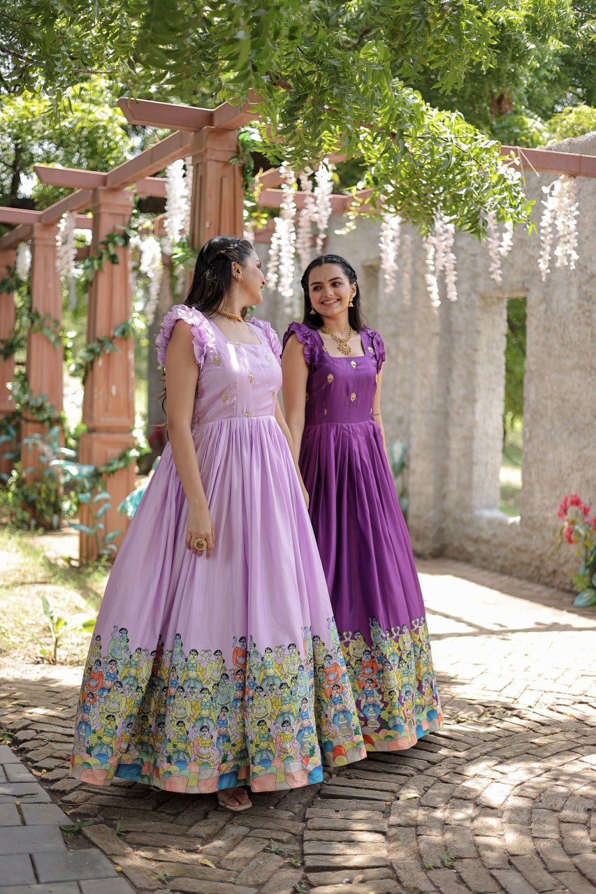 Stunning Dola Silk Designer Printed Fully Stitched Gown - INDIAN ELEGANCE