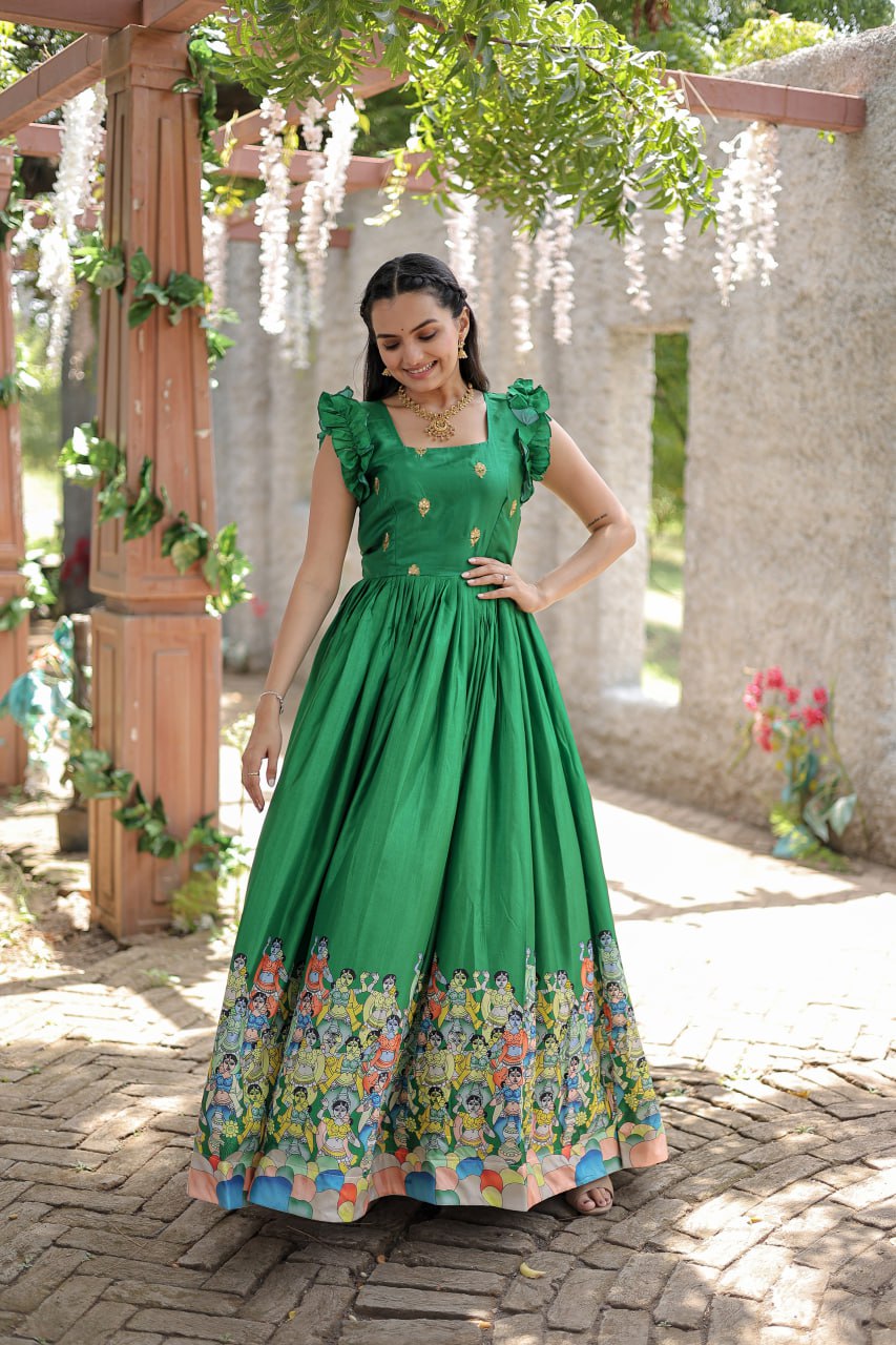Stunning Dola Silk Designer Printed Fully Stitched Gown - INDIAN ELEGANCE