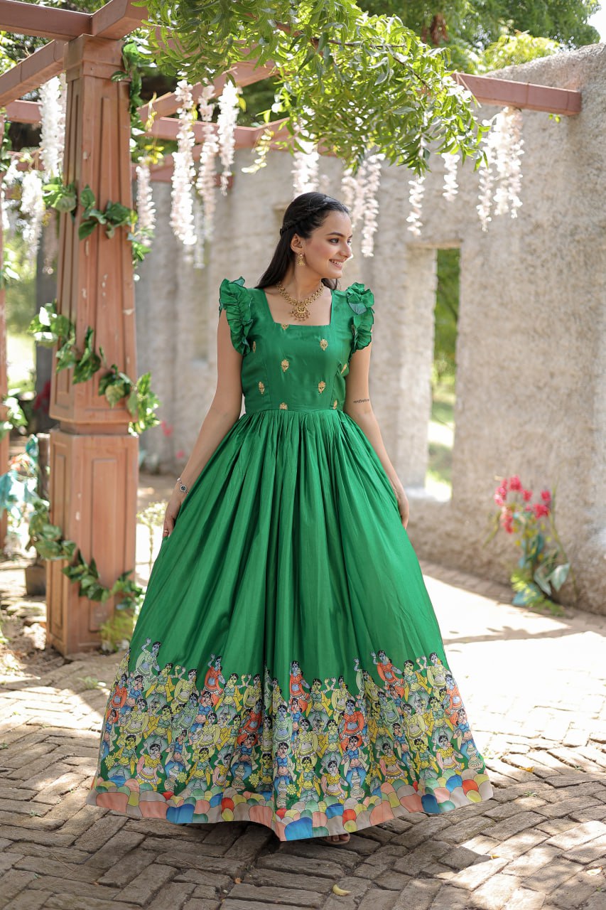 Stunning Dola Silk Designer Printed Fully Stitched Gown - INDIAN ELEGANCE