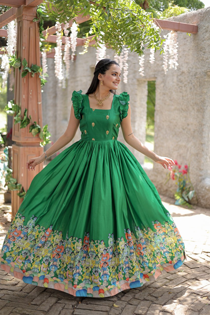 Stunning Dola Silk Designer Printed Fully Stitched Gown - INDIAN ELEGANCE