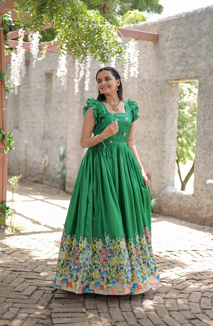 Stunning Dola Silk Designer Printed Fully Stitched Gown - INDIAN ELEGANCE