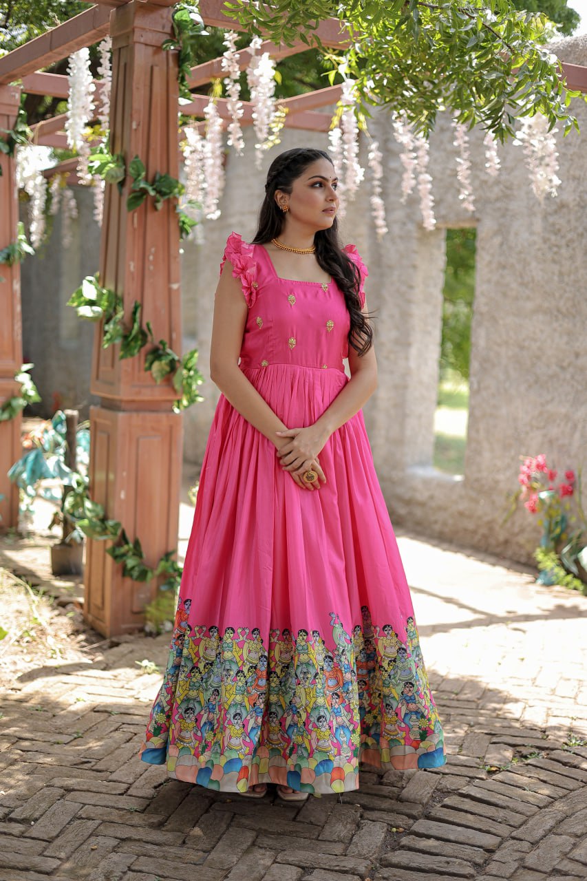 Stunning Dola Silk Designer Printed Fully Stitched Gown - INDIAN ELEGANCE