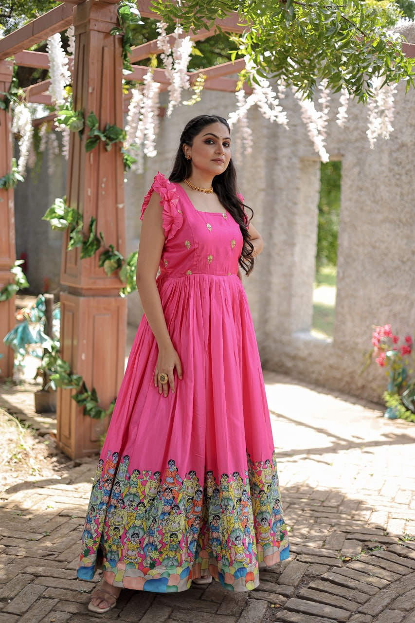 Stunning Dola Silk Designer Printed Fully Stitched Gown - INDIAN ELEGANCE
