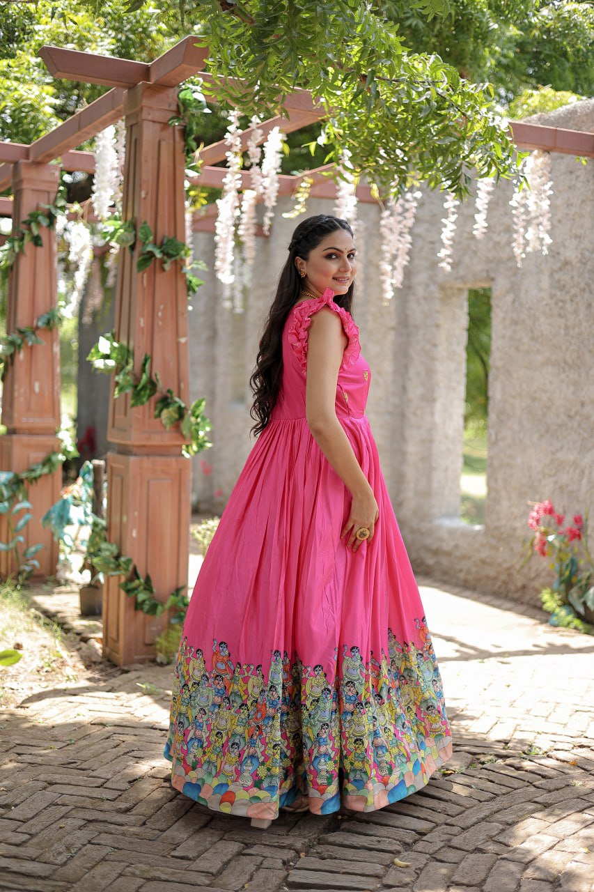 Stunning Dola Silk Designer Printed Fully Stitched Gown - INDIAN ELEGANCE
