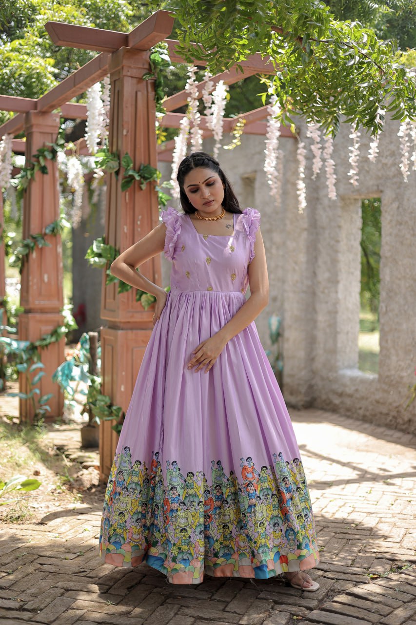 Stunning Dola Silk Designer Printed Fully Stitched Gown - INDIAN ELEGANCE