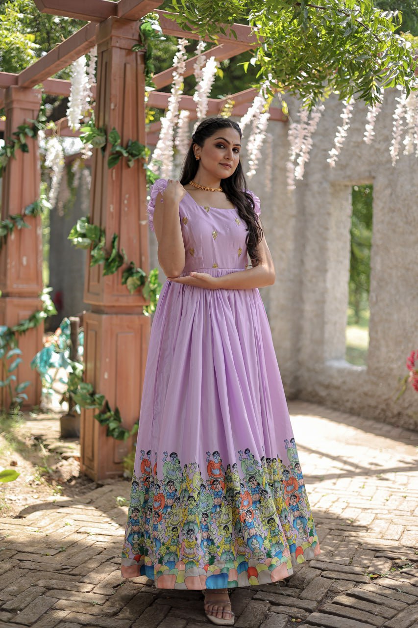 Stunning Dola Silk Designer Printed Fully Stitched Gown - INDIAN ELEGANCE