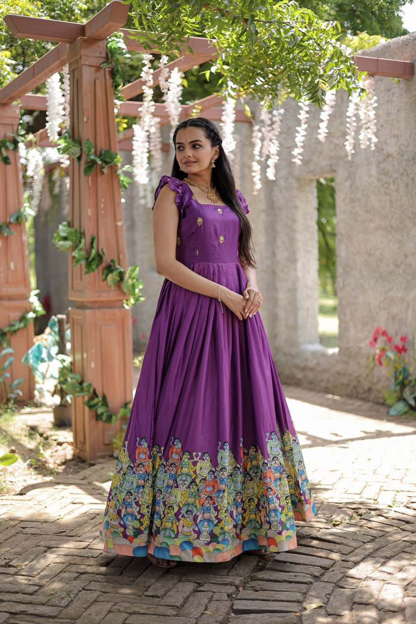 Stunning Dola Silk Designer Printed Fully Stitched Gown - INDIAN ELEGANCE