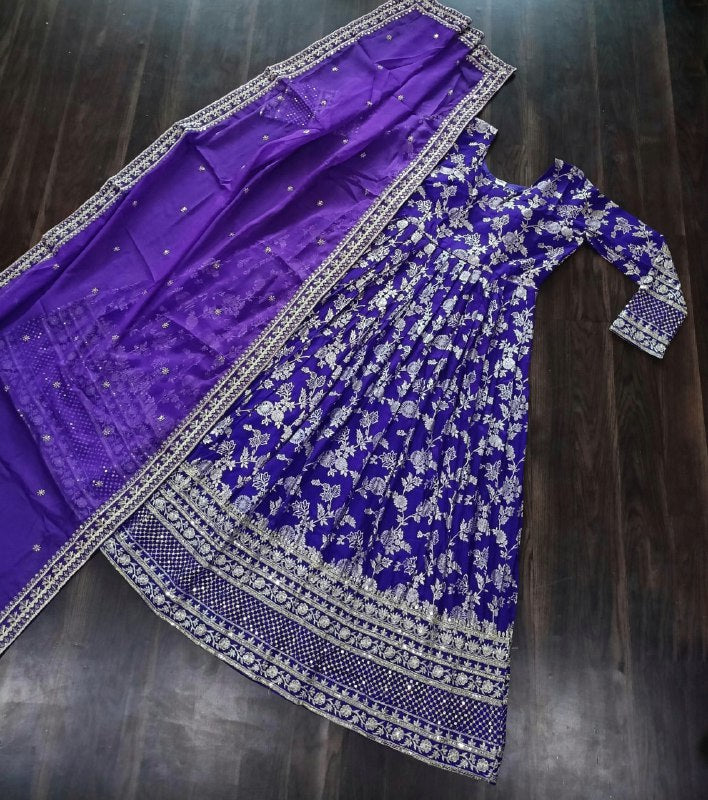Stunning Viscous Jacquard Sequins Embroidered Designer Gown With Dupatta - INDIAN ELEGANCE