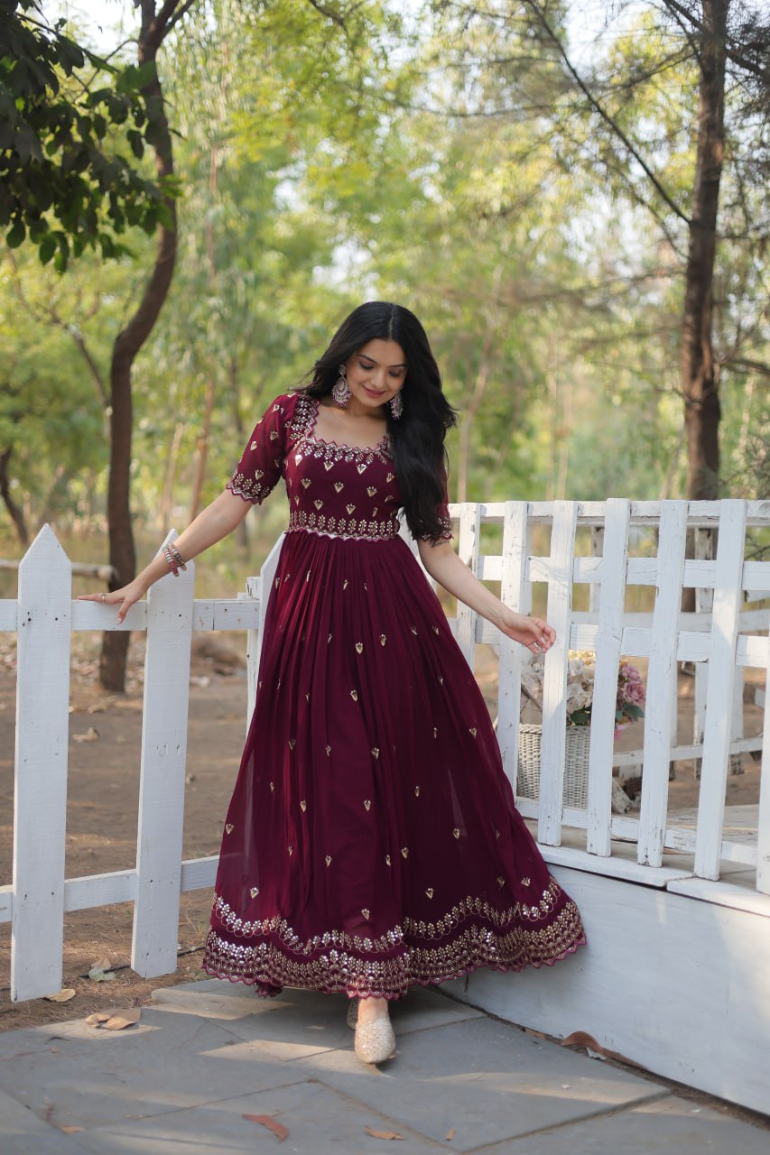 Dashing Faux Georgette Zari Sequins Worked Designer Gown - INDIAN ELEGANCE