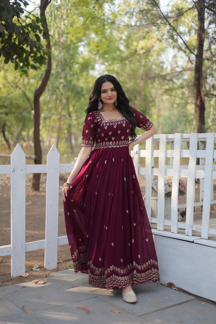 Dashing Faux Georgette Zari Sequins Worked Designer Gown - INDIAN ELEGANCE