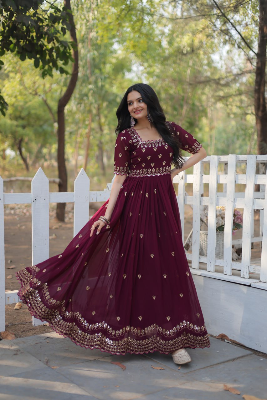 Dashing Faux Georgette Zari Sequins Worked Designer Gown - INDIAN ELEGANCE