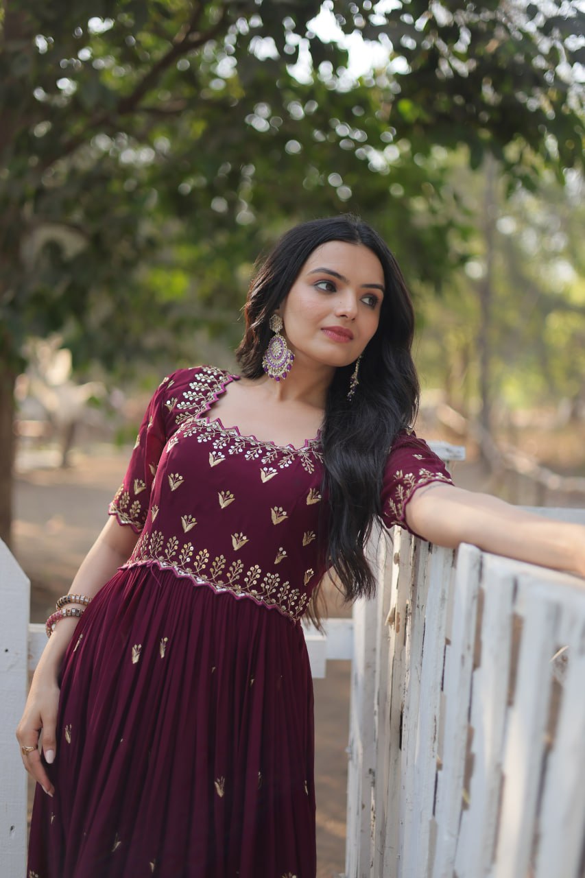 Dashing Faux Georgette Zari Sequins Worked Designer Gown - INDIAN ELEGANCE