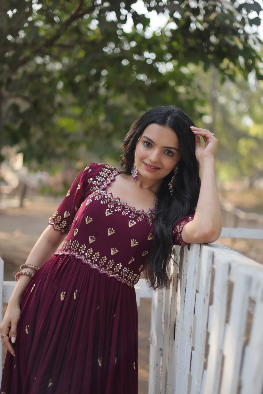 Dashing Faux Georgette Zari Sequins Worked Designer Gown - INDIAN ELEGANCE