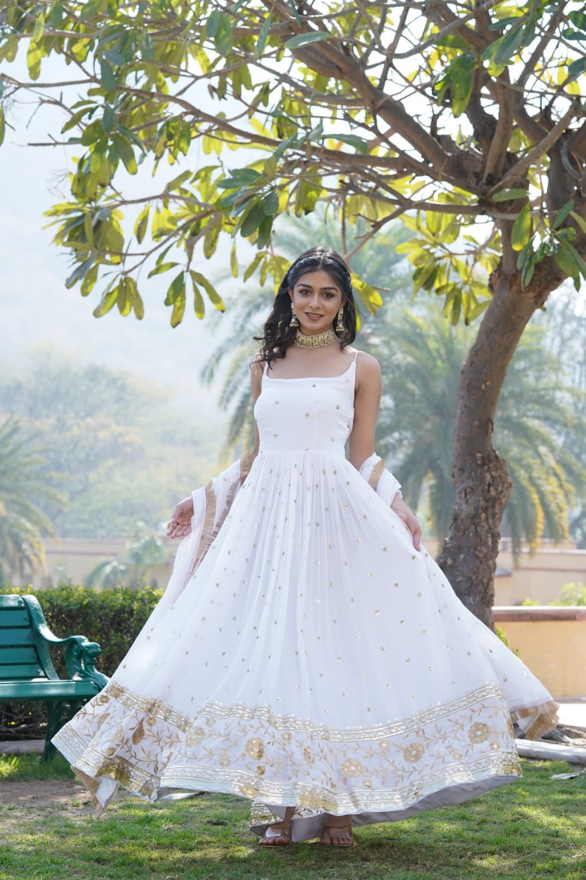 Lovely Faux Georgette Sequins Embroidered Gown With Dupatta - INDIAN ELEGANCE