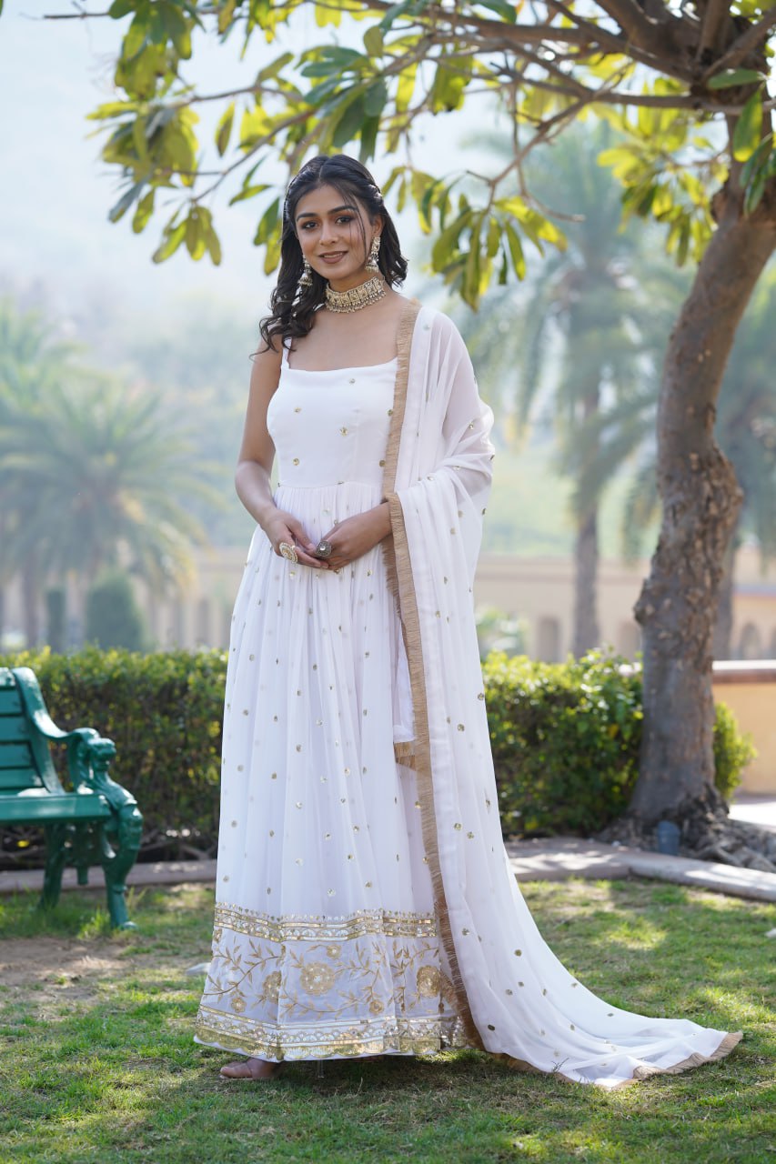 Lovely Faux Georgette Sequins Embroidered Gown With Dupatta - INDIAN ELEGANCE