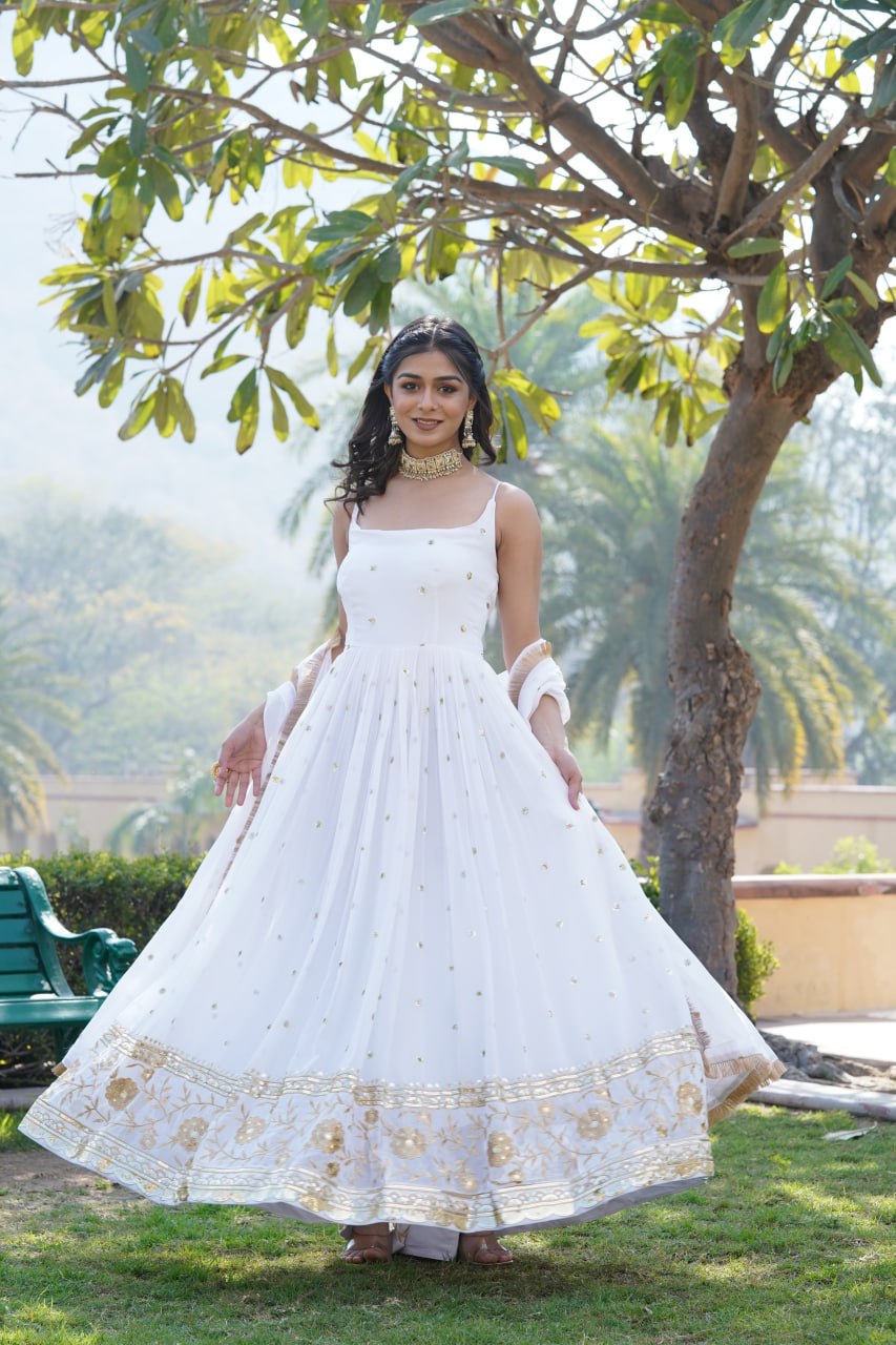 Lovely Faux Georgette Sequins Embroidered Gown With Dupatta - INDIAN ELEGANCE