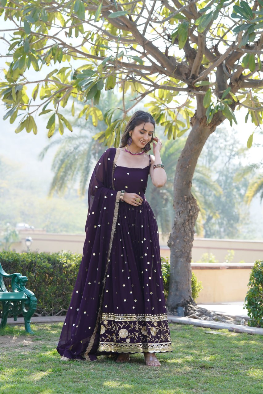 Lovely Faux Georgette Sequins Embroidered Gown With Dupatta - INDIAN ELEGANCE