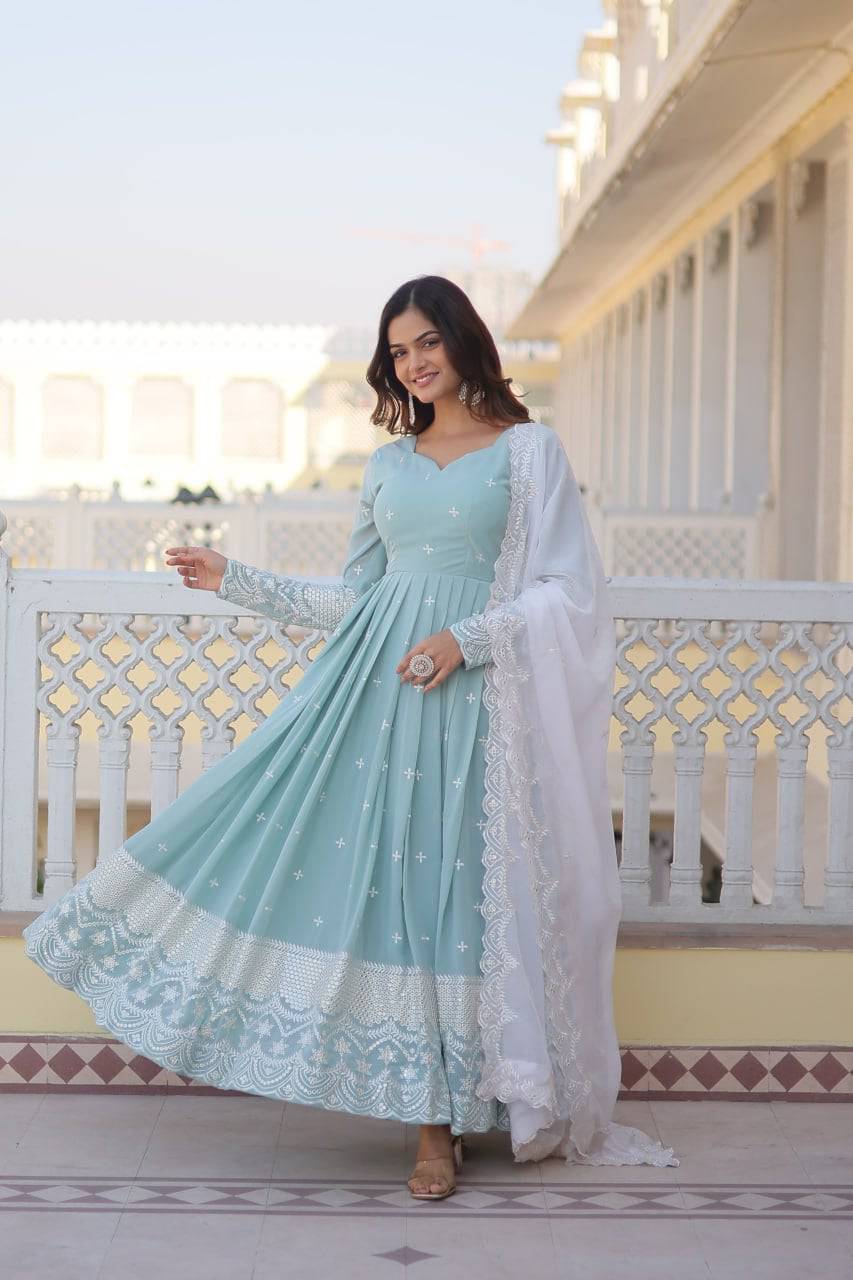 Spellbinding Sky Blue Faux Georgette Thread Sequins Worked Gown - INDIAN ELEGANCE
