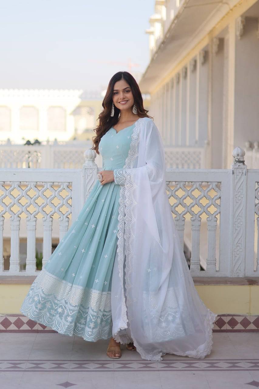 Spellbinding Sky Blue Faux Georgette Thread Sequins Worked Gown - INDIAN ELEGANCE