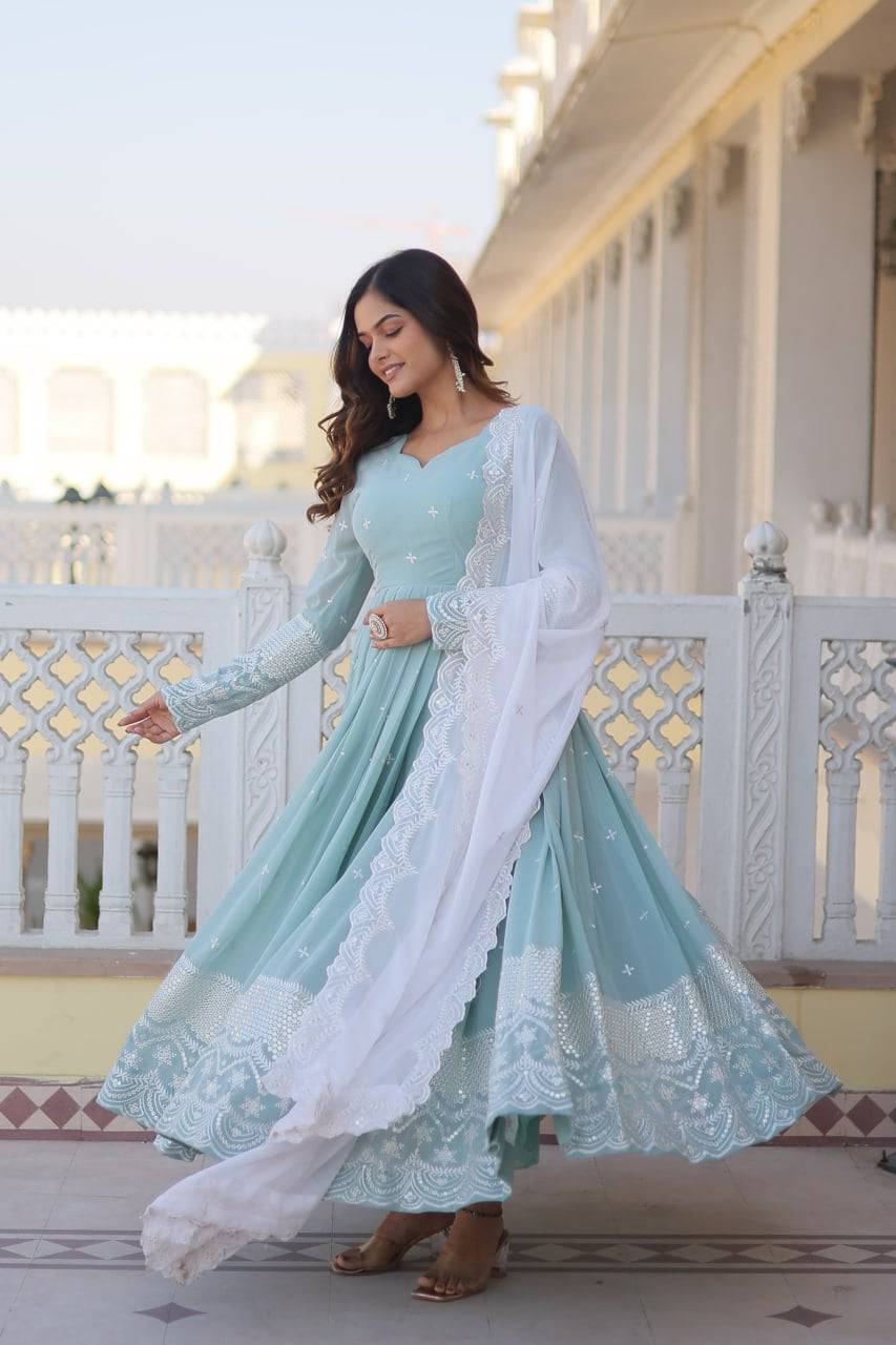 Spellbinding Sky Blue Faux Georgette Thread Sequins Worked Gown - INDIAN ELEGANCE