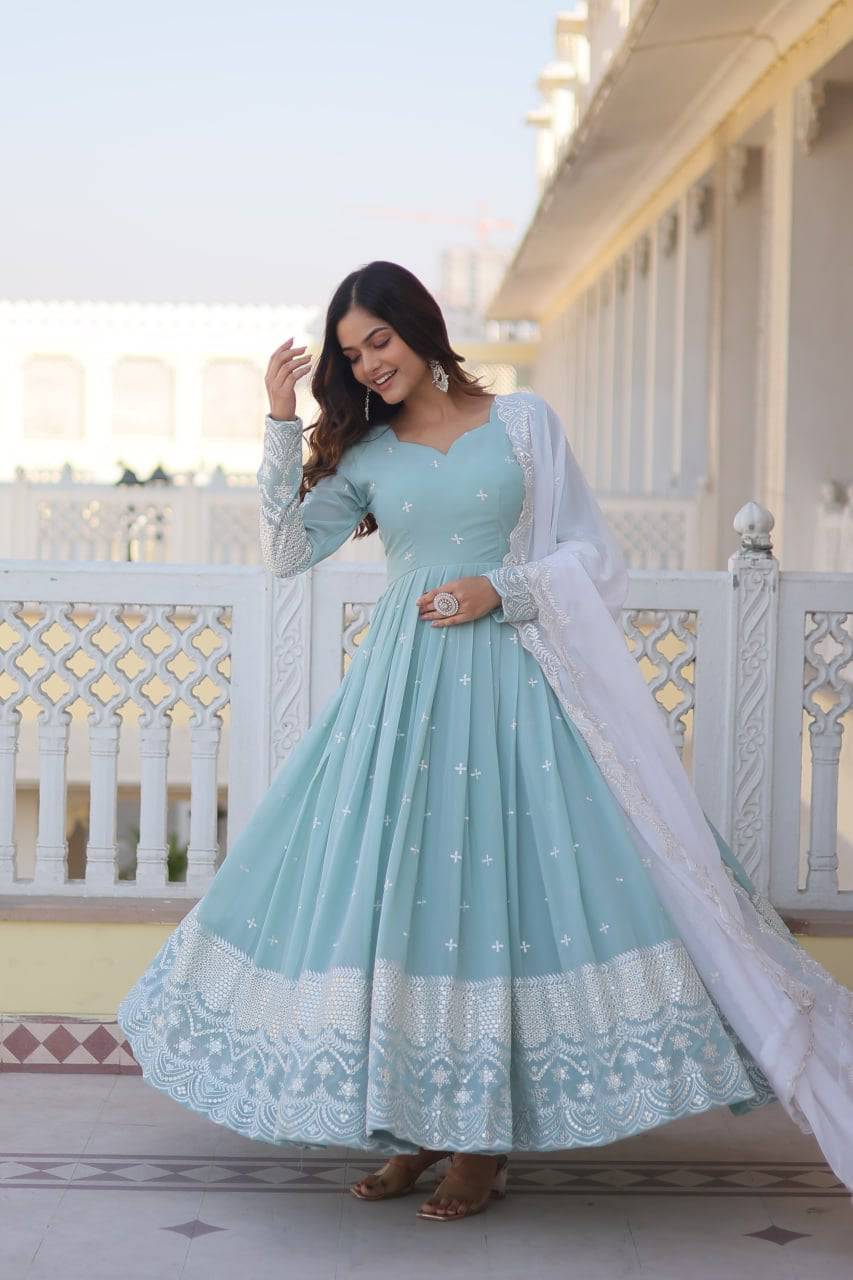 Spellbinding Sky Blue Faux Georgette Thread Sequins Worked Gown - INDIAN ELEGANCE