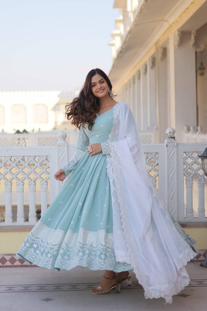 Spellbinding Sky Blue Faux Georgette Thread Sequins Worked Gown - INDIAN ELEGANCE