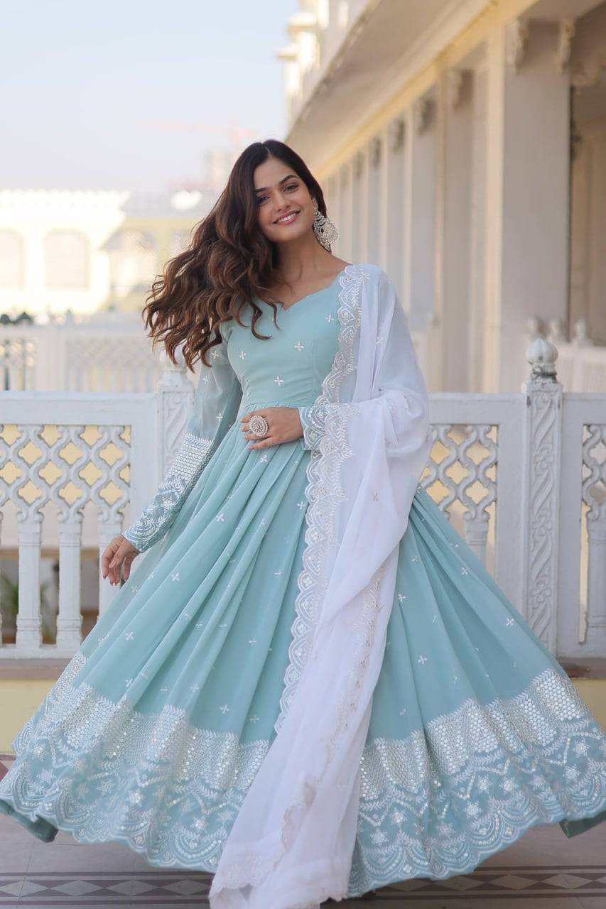 Spellbinding Sky Blue Faux Georgette Thread Sequins Worked Gown - INDIAN ELEGANCE