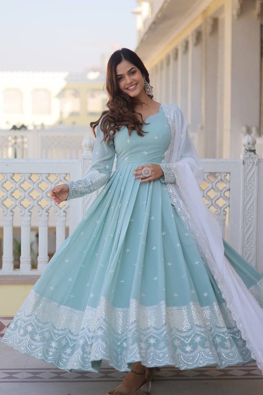 Spellbinding Sky Blue Faux Georgette Thread Sequins Worked Gown - INDIAN ELEGANCE