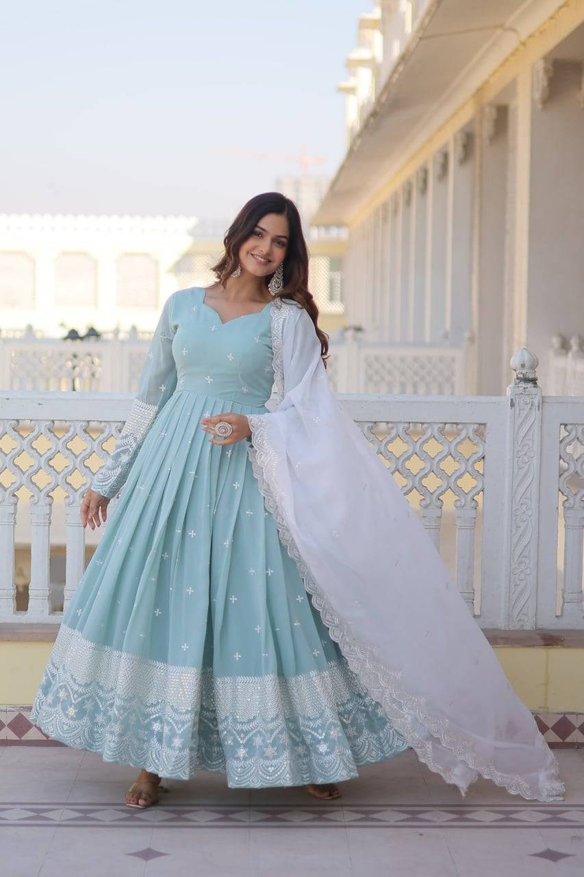 Spellbinding Sky Blue Faux Georgette Thread Sequins Worked Gown - INDIAN ELEGANCE